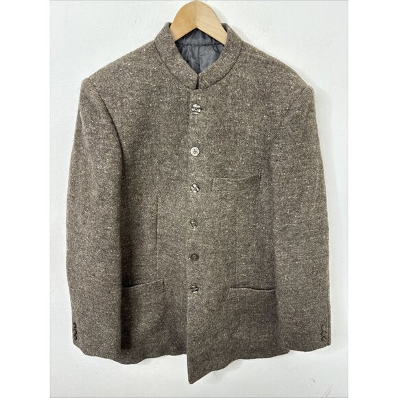 Vintage Heavy Tweed Wool Men 42L Gray Collarless Prince Coat Mandarin Karzi